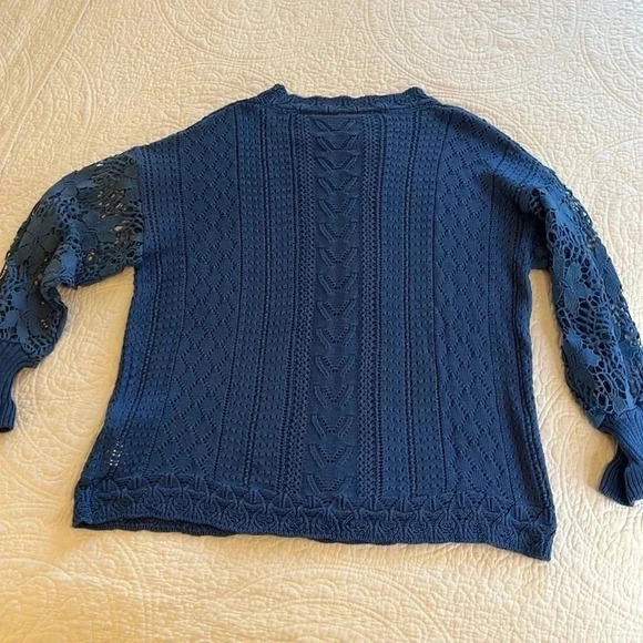 Knit Lacy Crochet Cable Sweater Womens Large Long Sleeves Blue Cottage Core Boho - Picture 5 of 16
